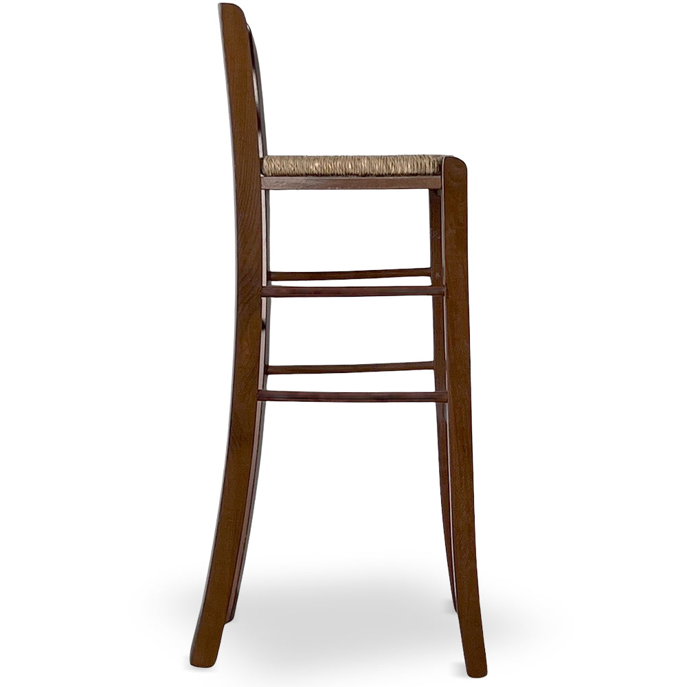 Sgabello h 80 cm legno noce scuro con manico nello schienale e seduta in paglia