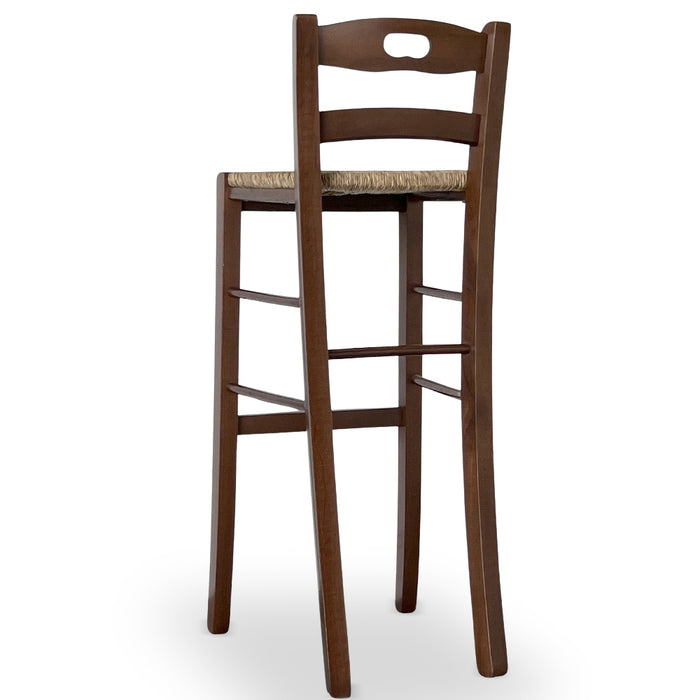 Sgabello h 80 cm legno noce scuro con manico nello schienale e seduta in paglia