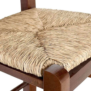 Sgabello h 80 cm legno noce scuro con manico nello schienale e seduta in paglia