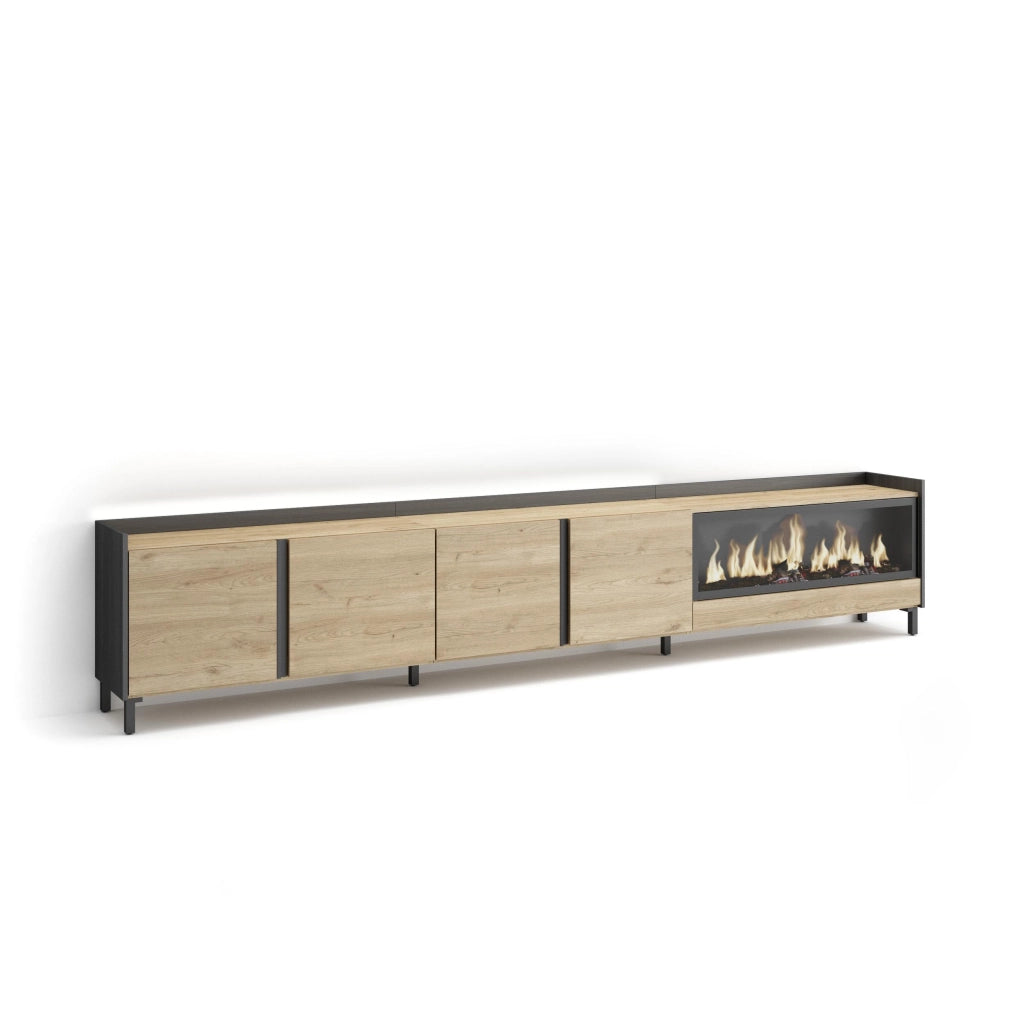 Mobile TV Soggiorno, 315x61x35 cm, Per TV fino a 80", Camino elettrico XXL, Design industriale, LED, Rovere e nero