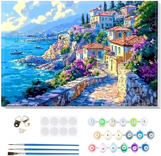 Decorazione per Parete con Immagine di Città di Costa - Kit di Pittura per Adulti - 8 x 30,5 cm - Pigmenti Acrilici di Alta Qualità - Set di Pittura