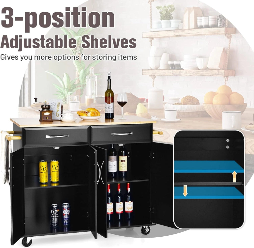 Carrello da cucina con piano di lavoro in legno di gomma con 2 armadi e ripiani regolabili, 2 cassetti grandi, portasciugamani laterali, armadio con ruote, 122 x 48 x 92,5 cm (nero)