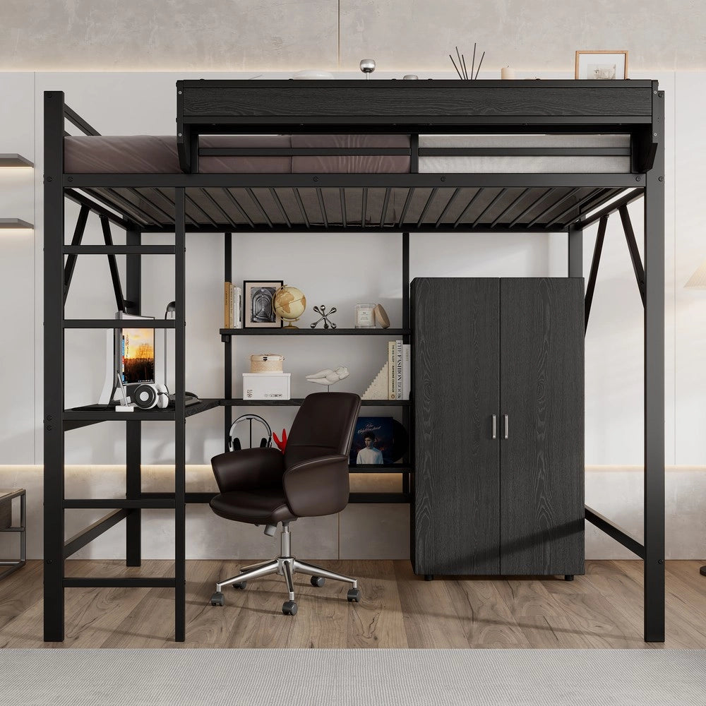 Letto a Soppalco con Scrivania e Armadio ¨C MINIMAL ¨C Ferro e MDF, Nero, 140x200