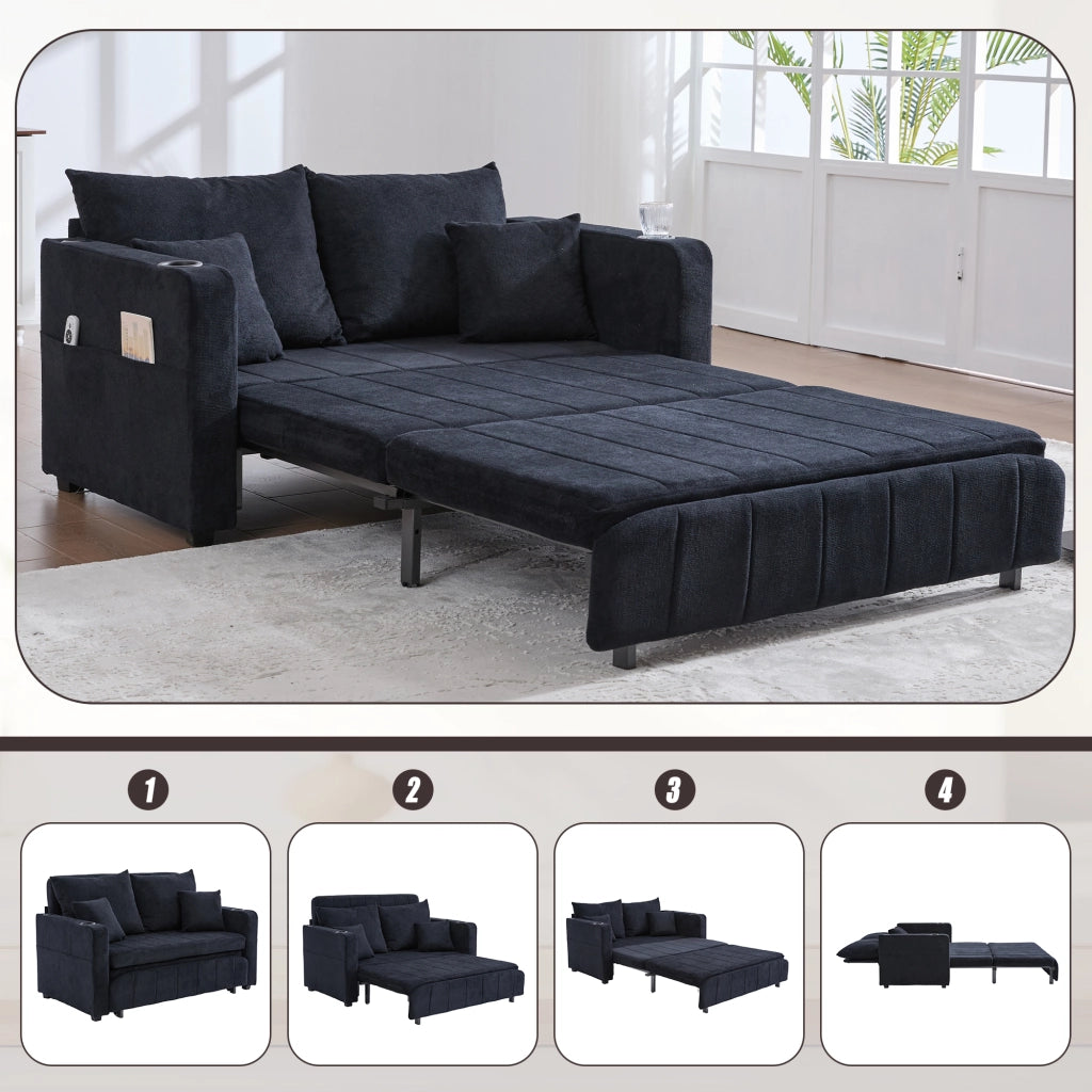 OKWISH Divano Letto 2 Posti con Tasca Laterale e 4 Cuscini, Seduta in Schiuma ad Alta Densità, Ciniglia, Nero