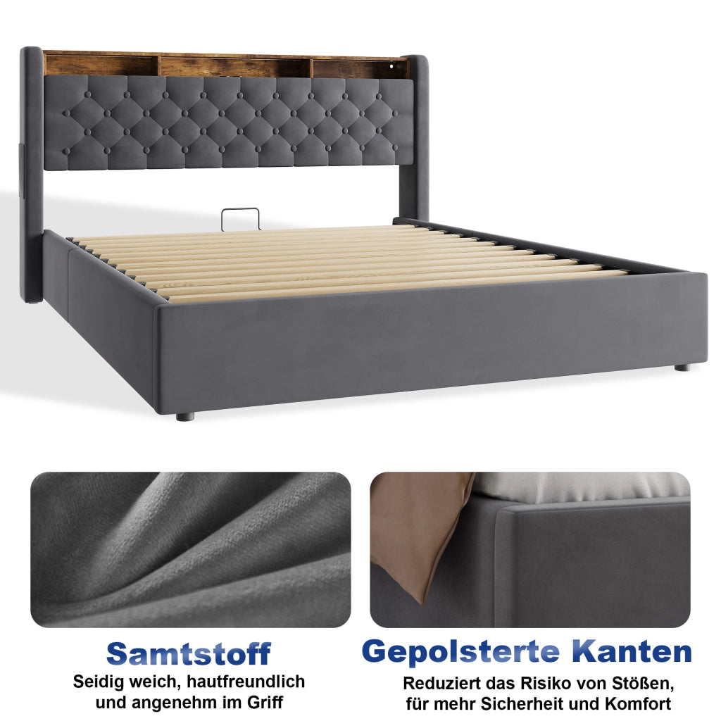 Letto imbottito matrimoniale 160 × 200 cm con contenitore e testiera contenitore in velluto grigio scuro
