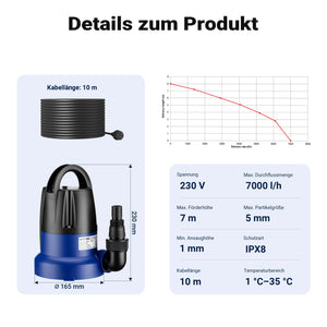 Pompa sommersa 400 W, pompa per acque reflue con portata max 7000 l/h, pompa a immersione, prevalenza max 7 m