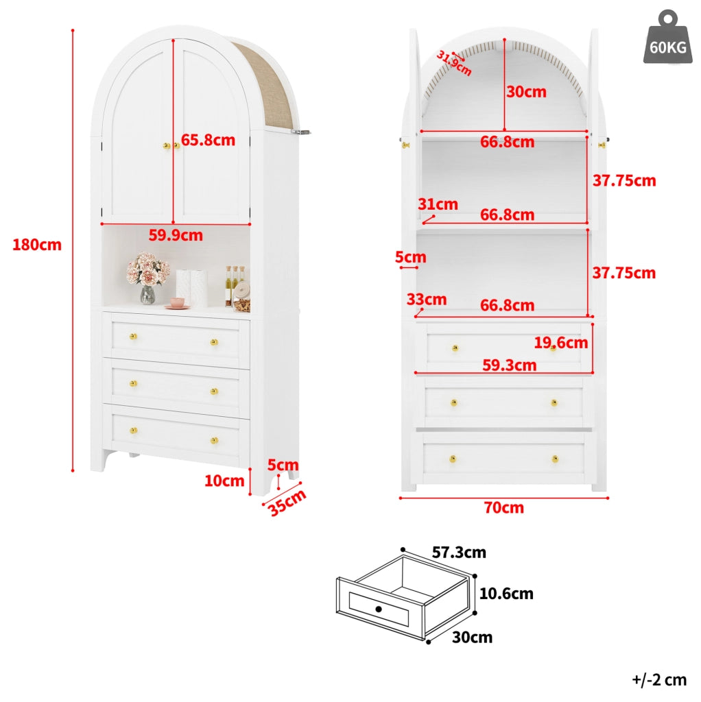 ARMADIO alto 70x35x180 cm in MDF bianco con 3 cassetti