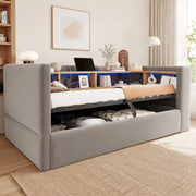 Divano letto imbottito 90x190 cm con vano contenitore; LED e prese; grigio scuro