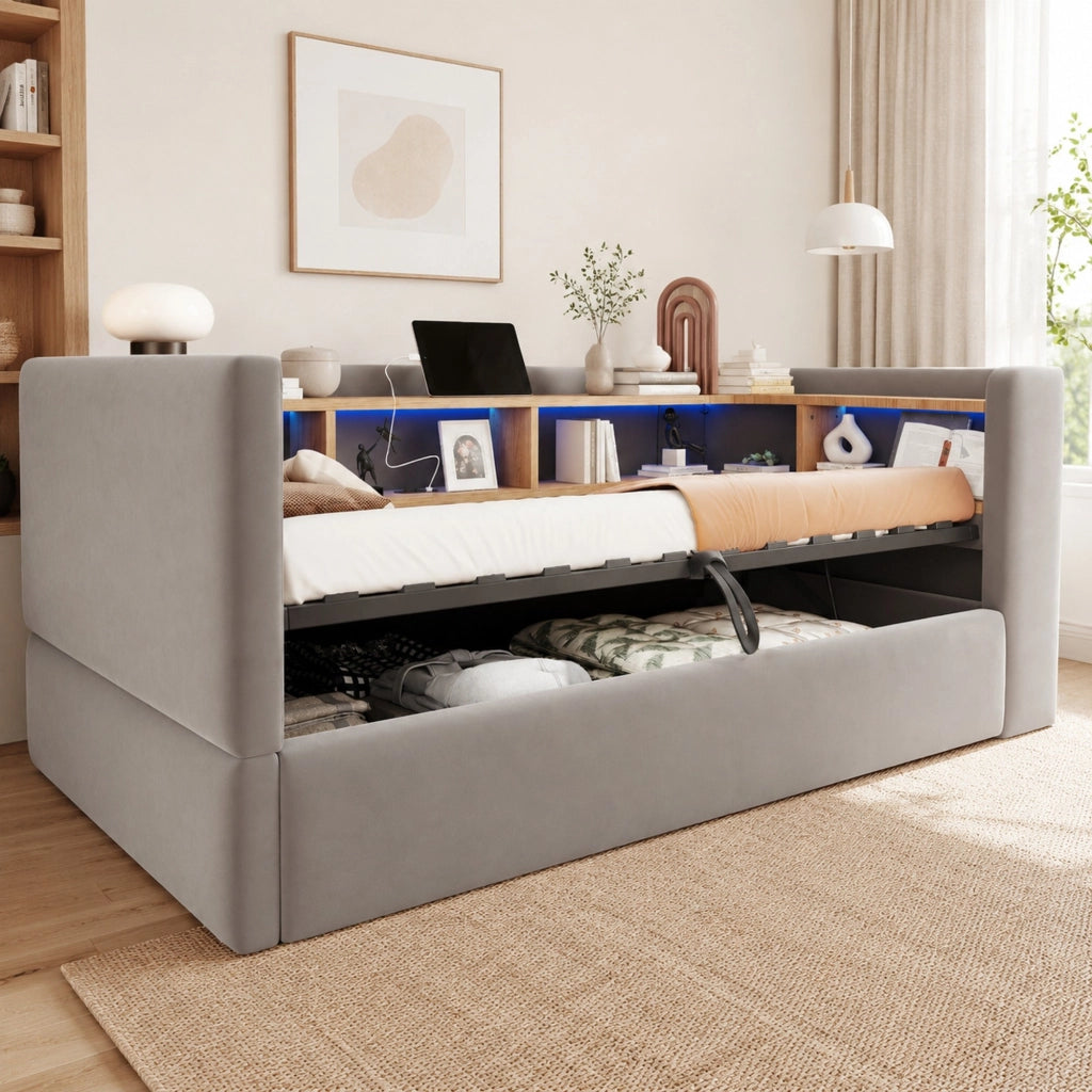 Divano letto imbottito 90x190 cm con vano contenitore; LED e prese; grigio scuro
