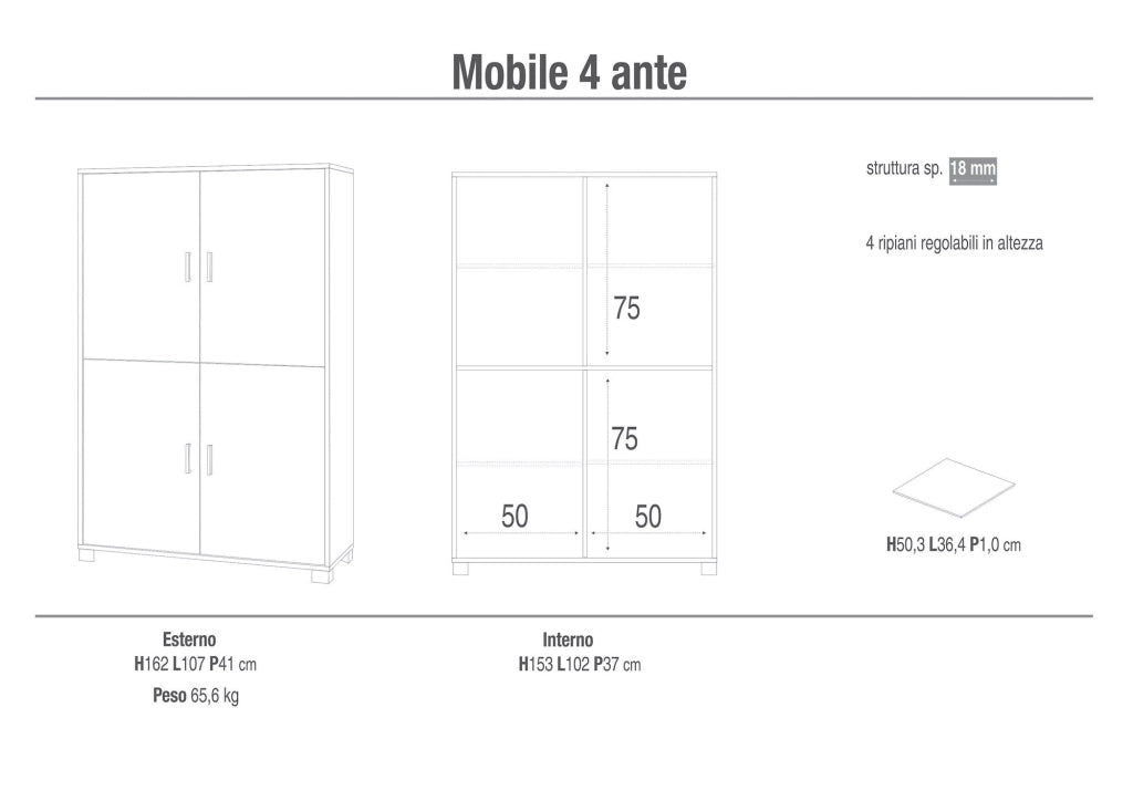 Mobile 4 Ante 107x162x41 cm Olmo Chiaro/Bianco Lucido