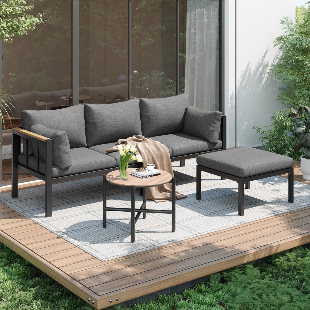 Set Divano da Giardino con Tavolino e Pouf ¨C Xylo ¨C Acciaio e Vetro, Grigio