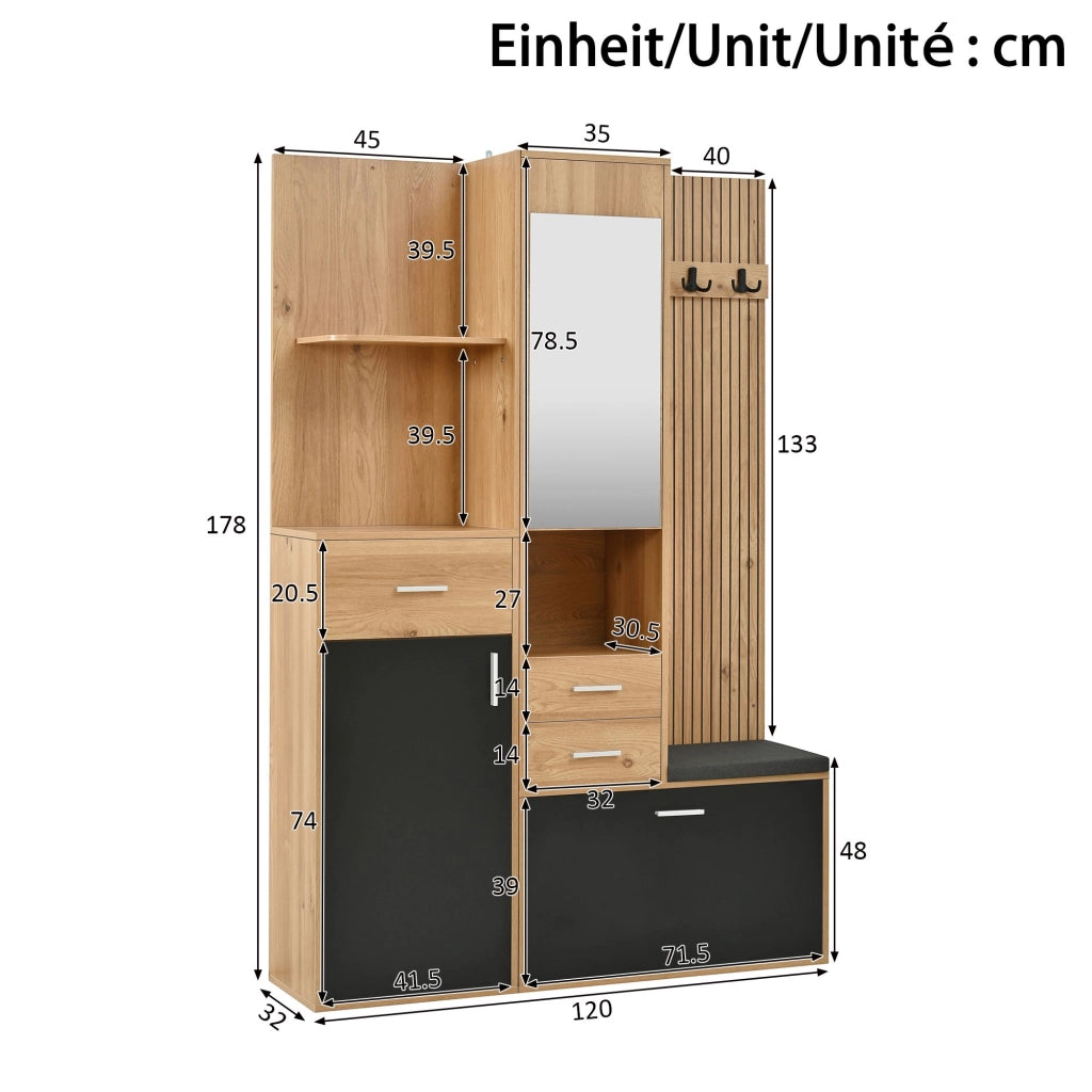Mobile da ingresso, scarpiera, guardaroba compatto con specchio e panca, 3 cassetti, illuminazione a LED, nero e color legno naturale