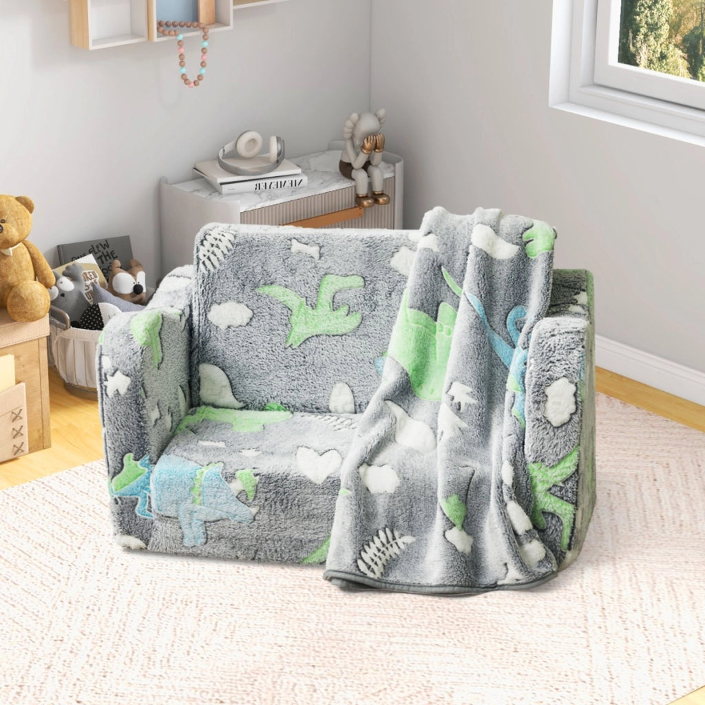 Divano per bambini con coperta e funzione pieghevole 2-in-1, Poltrona recliner per bambini sopra i 3 anni che brilla al buio Grigio