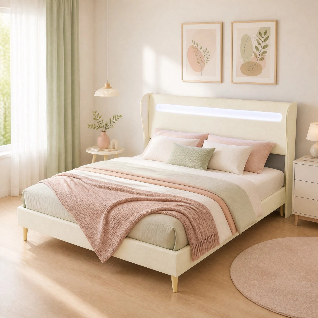 Letto basso 160x200 cm con testiera regolabile e LED multicolore; tessuto e metallo; beige