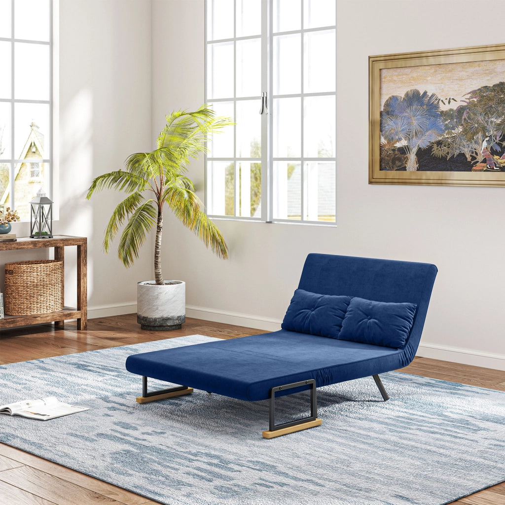 Divano Letto 3 in 1 in Tessuto Effetto Velluto con Schienale Regolabile e 2 Cuscini, 102x73x81 cm, Blu