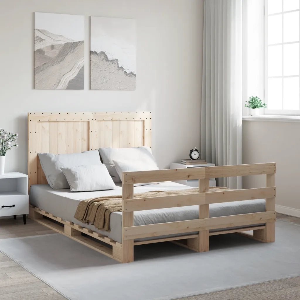 Letto matrimoniale | Letto per adulti | Giroletto con Testiera 140x200 cm in Legno Massello di Pino