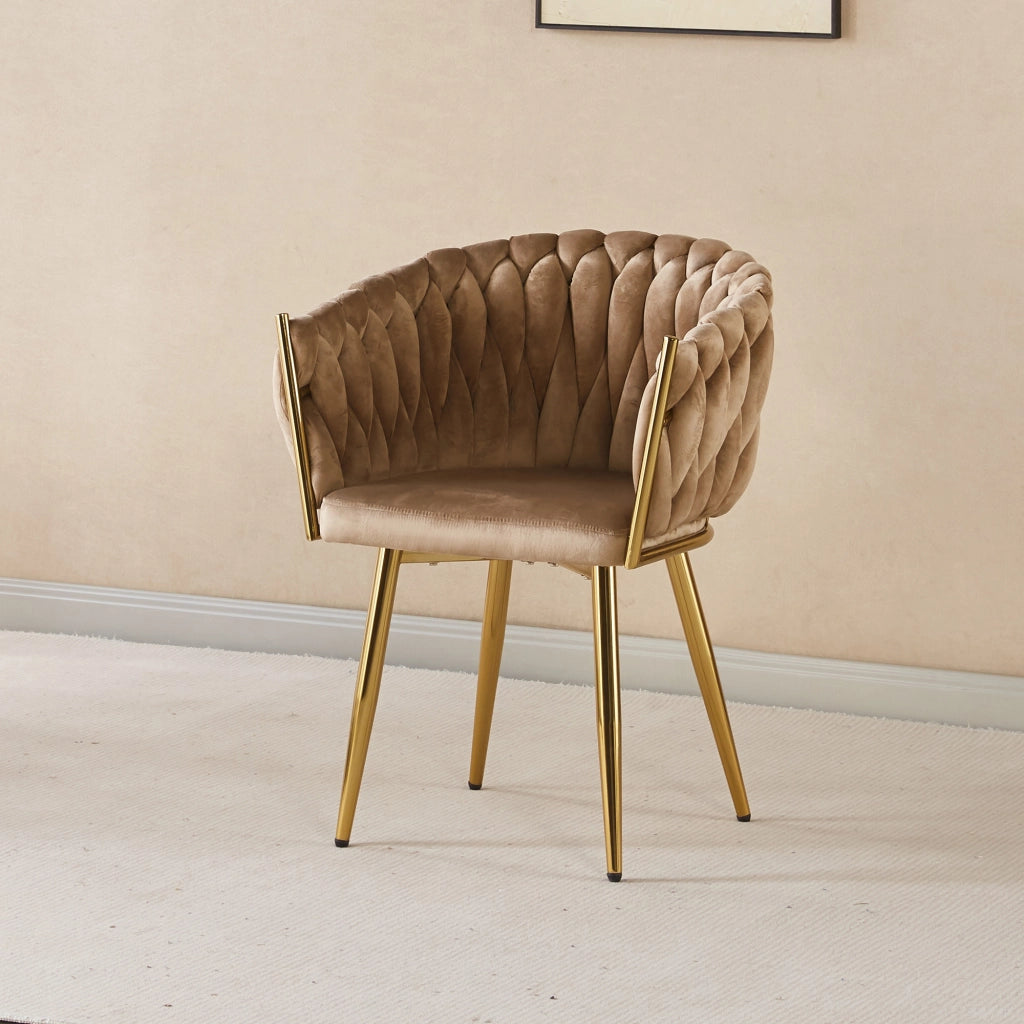 Poltrona Con Schienale In Velluto Intrecciato Design Moderno, Sedia Imbottita Circolare con Gambe in Metallo Placcato Oro Poltroncina Sala Pranzo Camera Salotto Cucina con Seduta Morbida Tortora