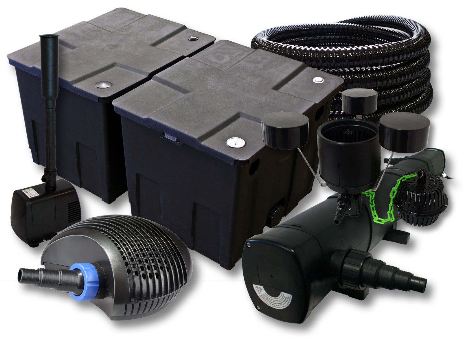 Set Filtro laghetto 60000l Chiarificatore 72W Pompa ECO 40W Tubo 25m Skimmer Fontana