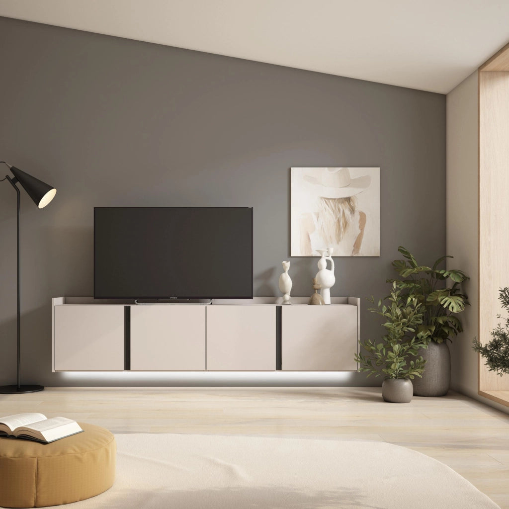 Mobile TV Soggiorno, 207x50x35 cm, Per TV fino a 80", Sospeso, da appendere, LED, Beige