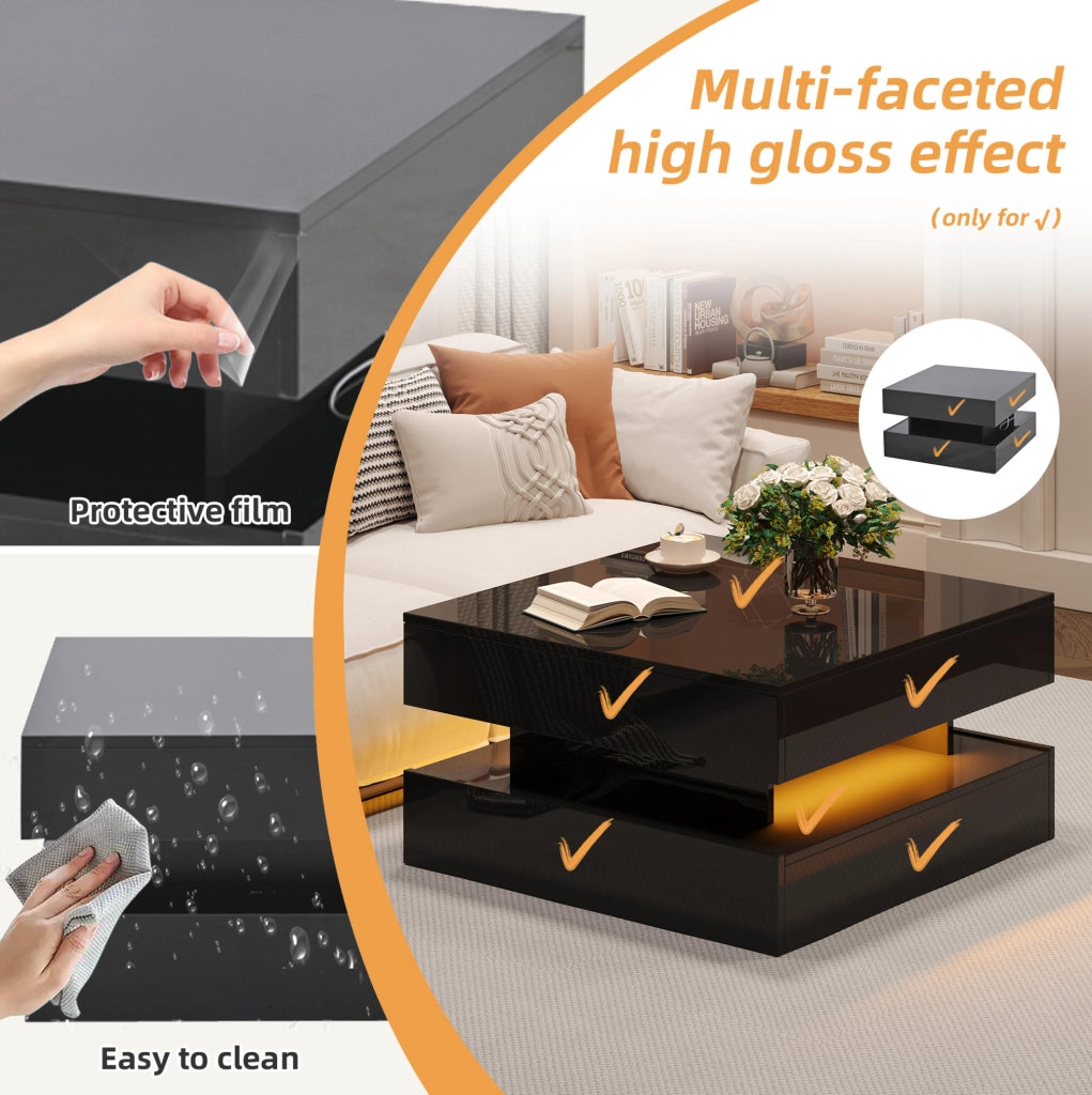 Tavolino da salotto quadrato sollevabile 65 x 65 x 38;5 cm in truciolare nero con LED e 2 cassetti