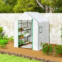 Serra da Esterno con 6 Ripiani Porta Avvolgibile Copertura in PE e Telaio in Acciaio 140x143x190 cm Bianco