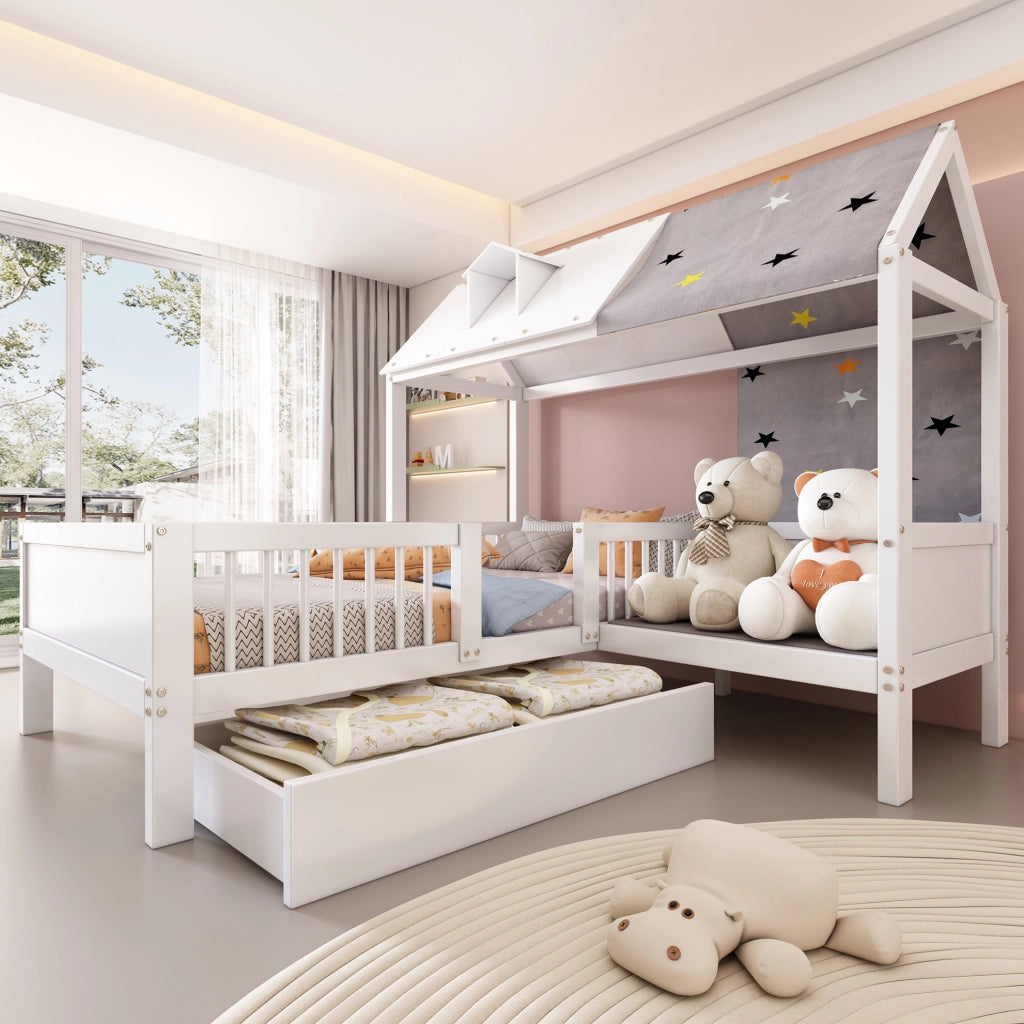 Letto per bambini a casetta 90x200 cm con cassetti in legno massello e MDF bianco