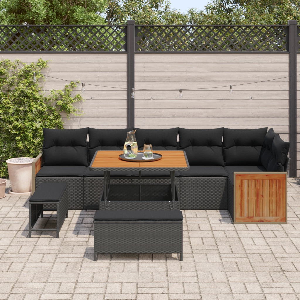 Set divano da giardino 9 pezzi con cuscini, rattan polietilene nero e acacia