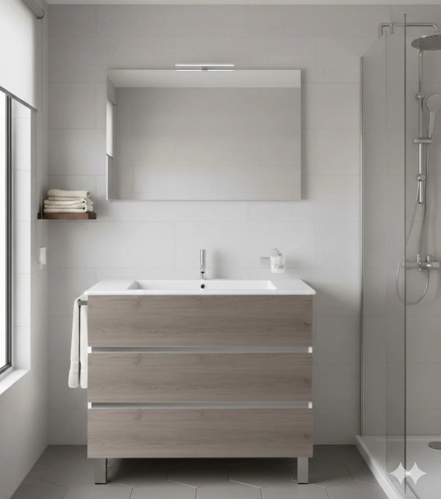 Mobile Bagno BALDER Già Montato 3 cassetti con piedini, lavabo e specchio Combi 100x45 cm