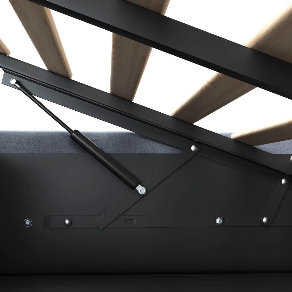 Letto contenitore 140x200 cm imbottito in lino grigio con sollevamento idraulico e LED