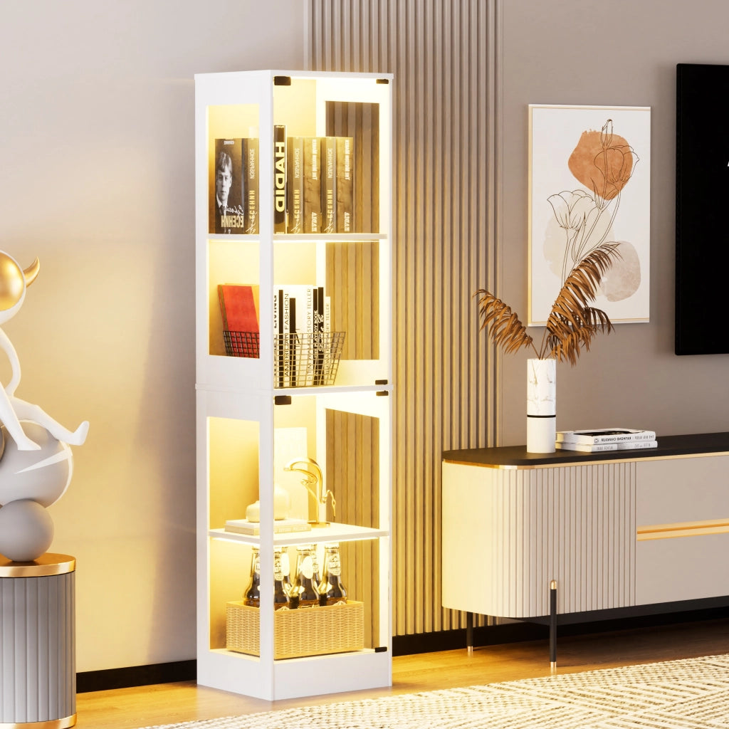 Vetrina con ante in vetro, LED a 3 colori e sensore intelligente per soggiorno, in MDF e vetro, bianca 40 × 35 × 165 cm