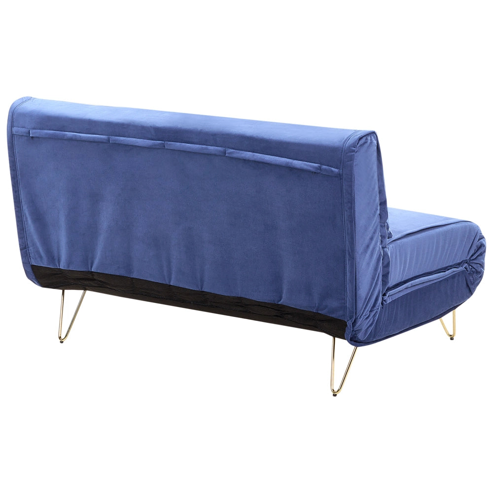 Divano letto in velluto blu navy a 2 posti letto pieghevole senza braccioli con 2 cuscini gambe in metallo dorato glamour