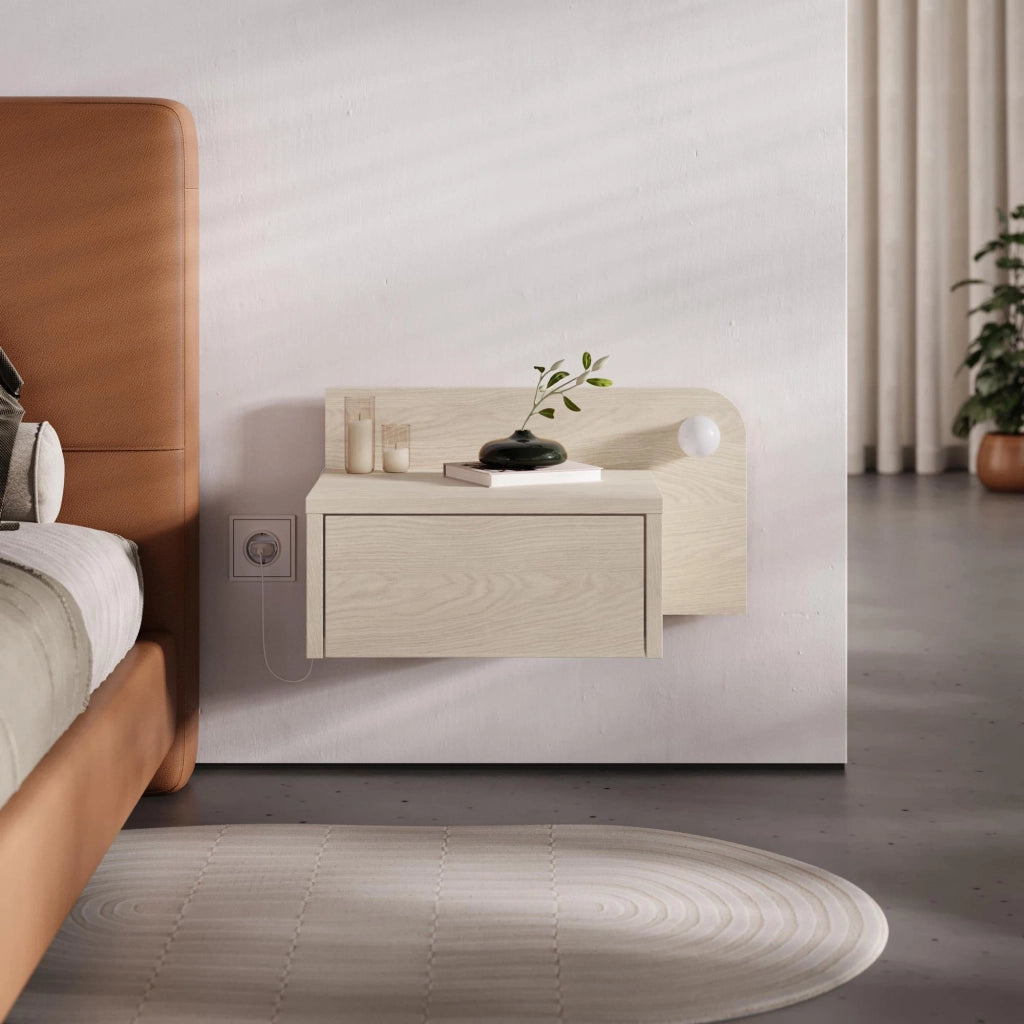 Comodino "Dotta" con lampadina in legno - 52 x 30 x 28 cm - Beige
