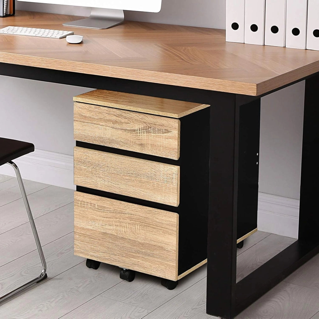 Cassettiera arrotolabile su ruote, armadietto a 3 cassetti, armadietto da ufficio, con freni, armadietto da ufficio, con design anti-ribaltamento, colore: naturale