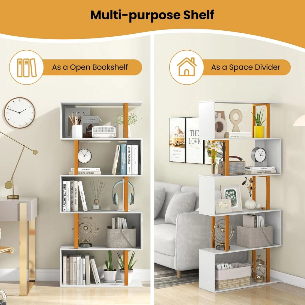 Scaffale Libri a Forma S con 5/6 Ripiani | Struttura Ibrida Legno/Metallo + Kit Antiribaltamento | Libreria Moderna per Soggiorno, Ufficio e Camera | Design Spazioso & Sicuro (Max 50kg)