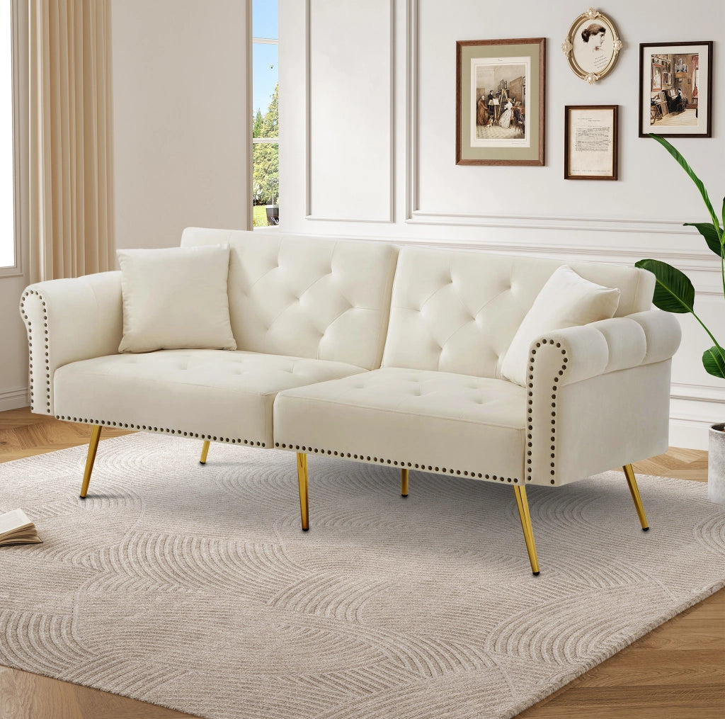 Divano letto 2 posti 147x85 cm con schienale regolabile; in velluto beige