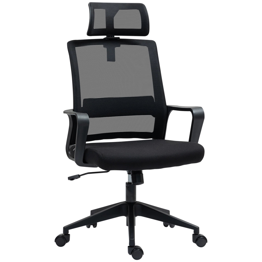 Sedia da ufficio ergonomica in mesh con poggiatesta regolabile, braccioli e funzione d'oscillazione nera