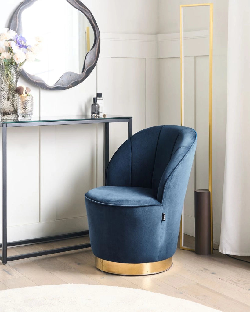 Poltrona in velluto blu scuro con base in metallo dorato Sedia a vasca con rotondo Glam Retro Living Room