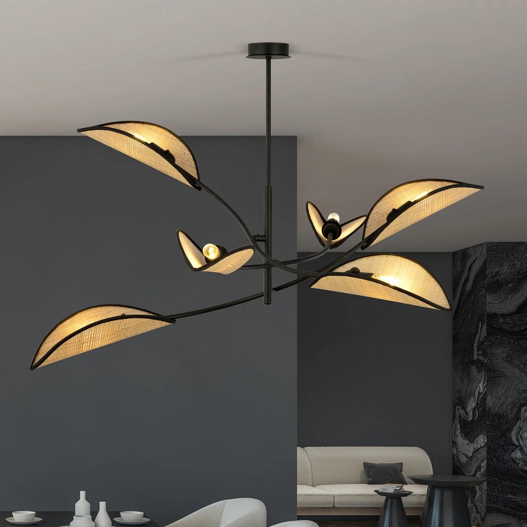 Sospensione Nordica 6 Luci Ares In Acciaio E Rattan Con Bracci Regolabili