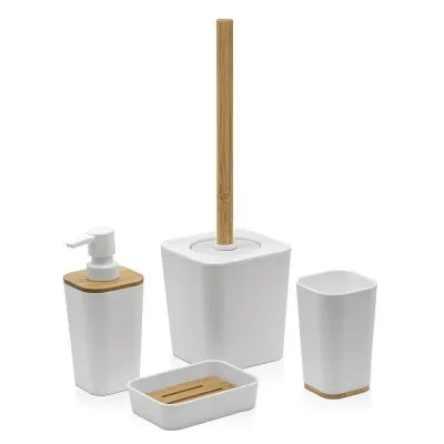 Set bagno dispenser e portaspazzolino bianco opaco con dettagli in bambù