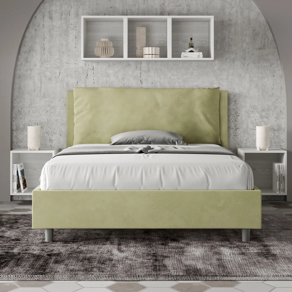 BS COM Letto matrimoniale francese con rete imbottito 140x200 microfibra tè verde Large