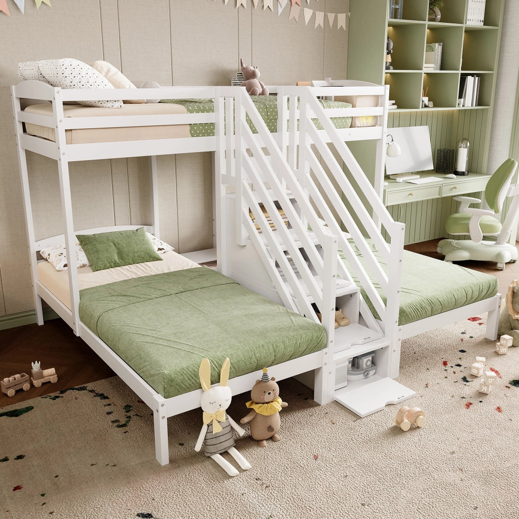 OKWISH Letto a Castello 90×200 cm, Letto 3 Posti con Scala Contenitore, Cassetti e Sponde, senza Materasso, in Pino, Bianco