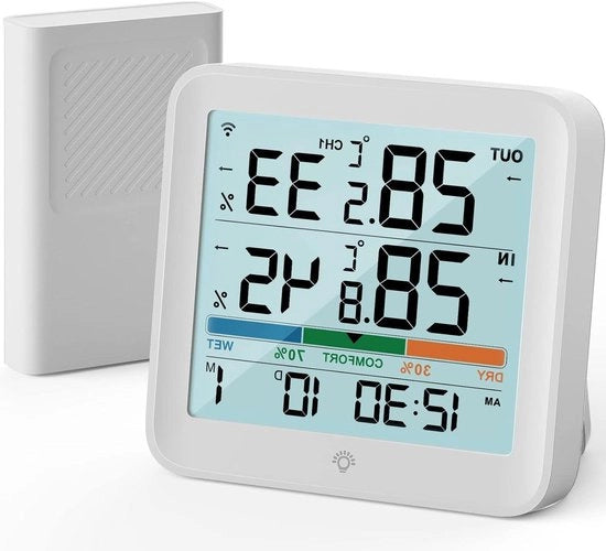 Termometro Umidistato Monitoraggio Umidità Termometro Digitale LCD con Illuminazione a LED Stazioni Meteorologiche (Bianco) - Interno & Esterno