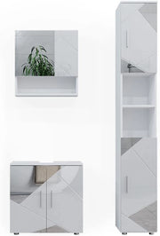 Set mobili bagno Irma, Bianco lucido con inserti, 80 cm, composto da mobile sottolavabo, specchiera e colonna alta