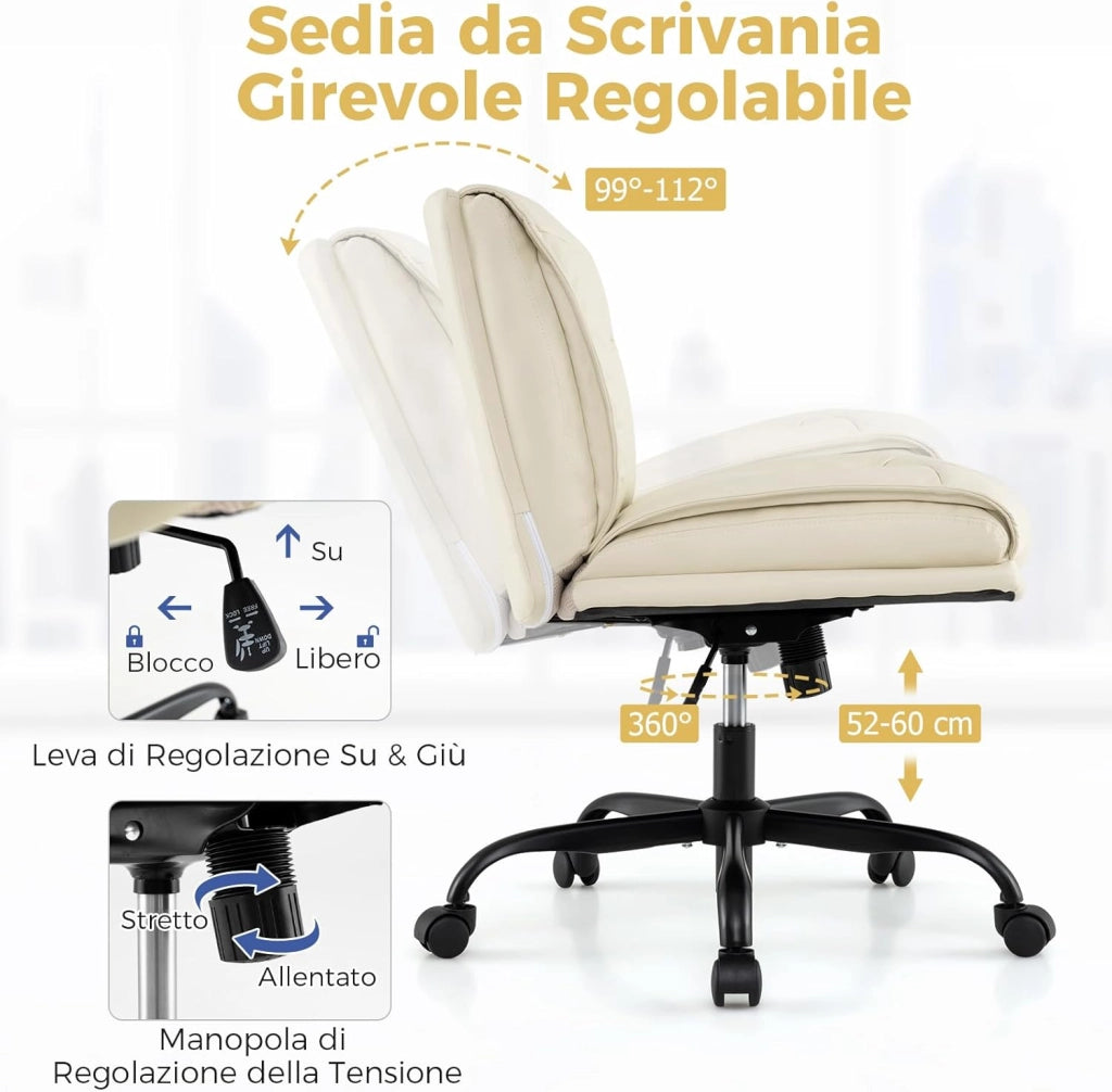 Sedia Ufficio con Ruote, Sedia da Scrivania Senza Braccioli con Schienale e Sedile Ampi, Altezza Regolabile, Meccanismo a Gas, Girevole a 360°, Portata 150 kg