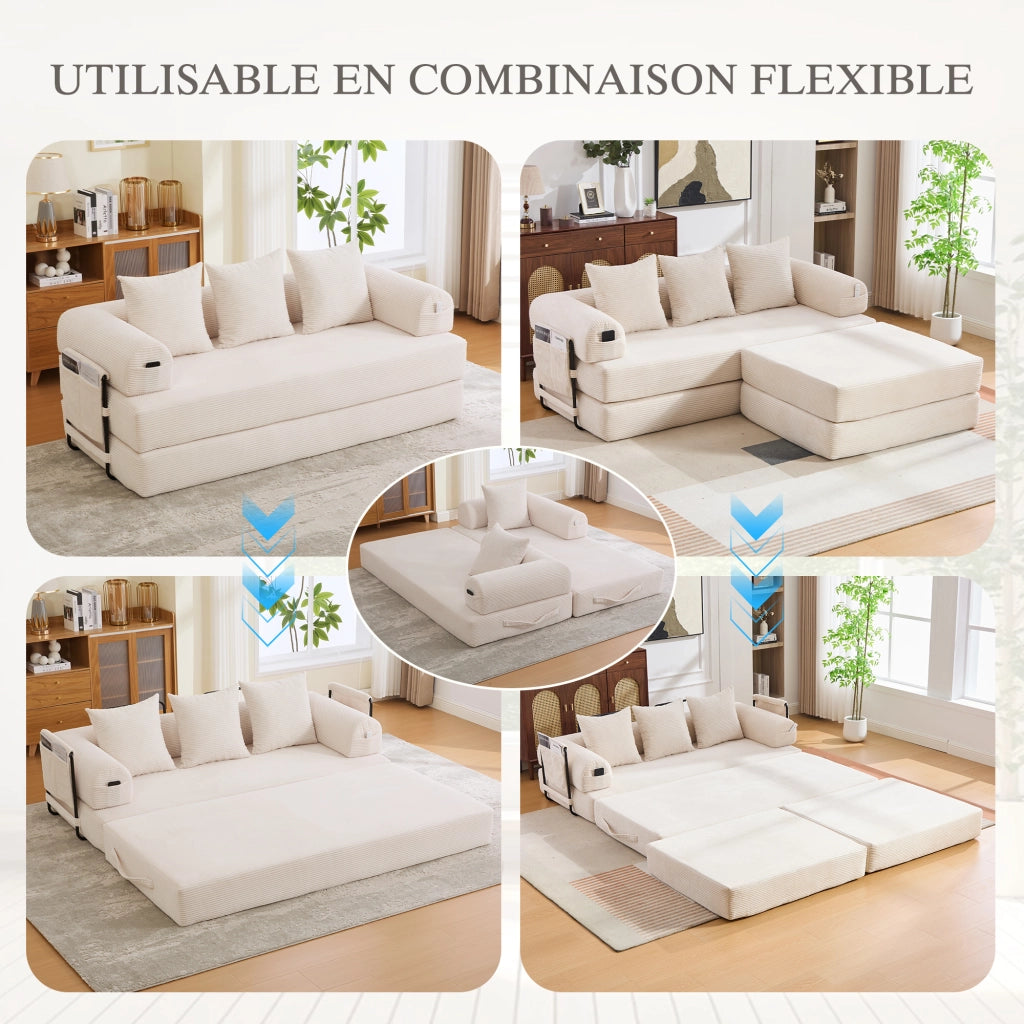 Divano modulare in corduroy con struttura in metallo, tasca laterale, 3 cuscini e pouf, design versatile beige