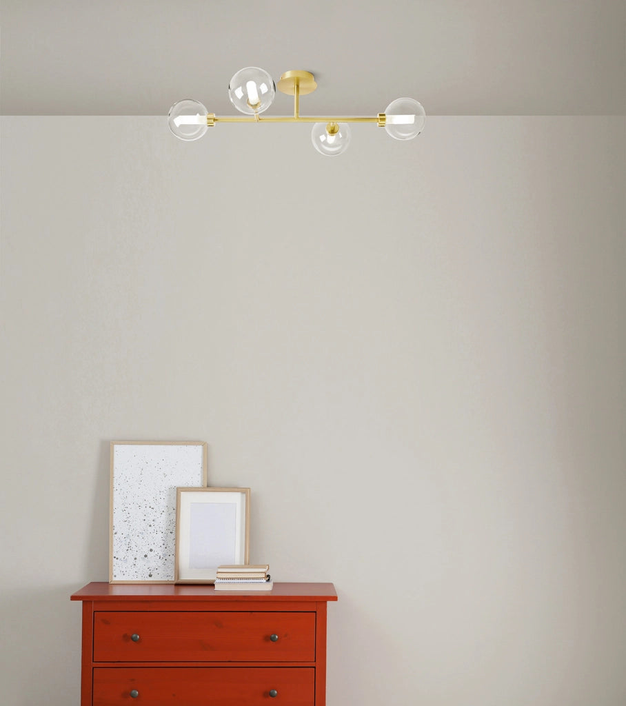 DOM LAMPADA DA SOFFITTO O PARETE 4 LUCI VETRO TRASPARENTE CICLINDRO SATINATO MONTATURA ORO ATTACCO G9