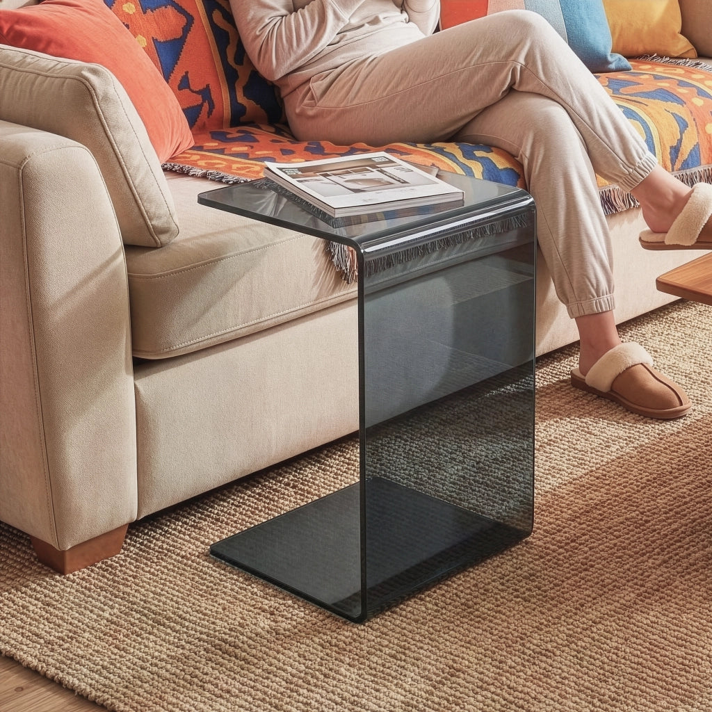 Tavolino Laterale Trölmapilu a Forma di C in Vetro 60 x 40 x 40 cm - Grigio [en.casa]