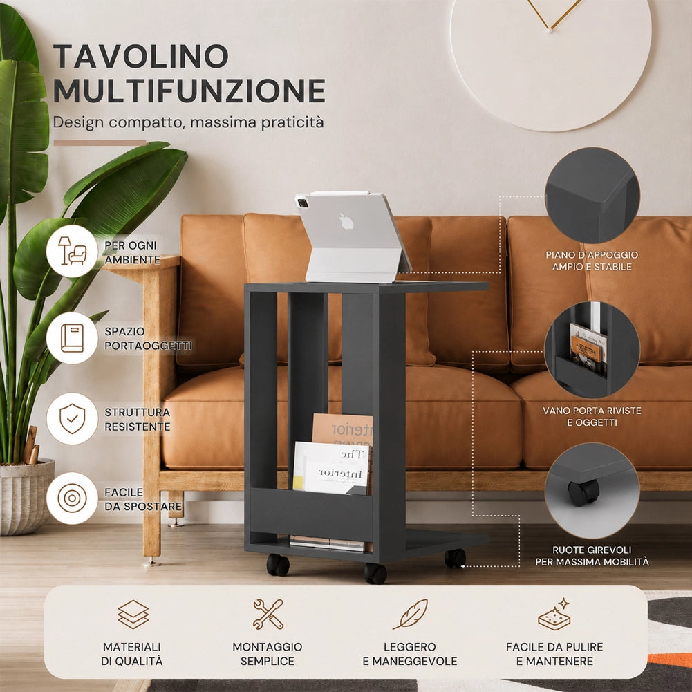 Tavolino Ausiliario Ruote Design Moderno Mobile Letto Divano Colore Antracite