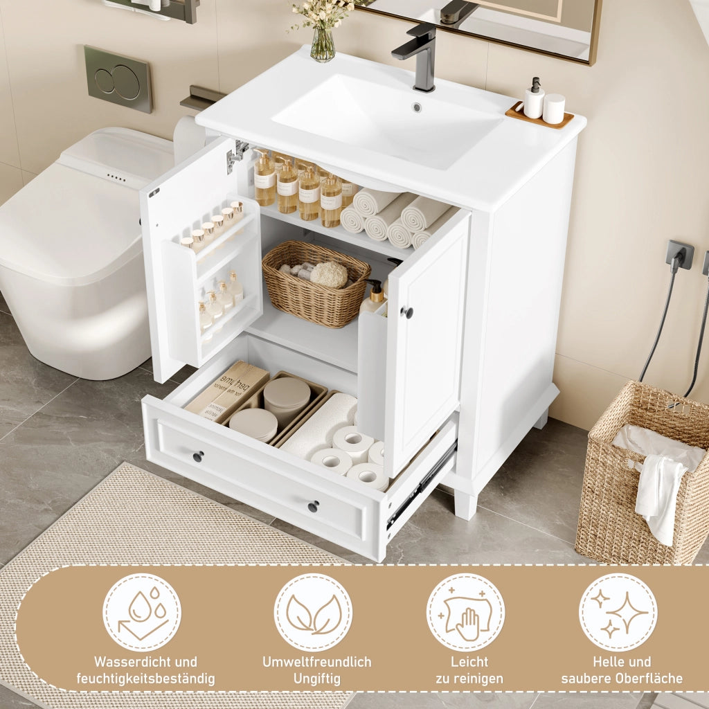 Mobile sottolavabo da bagno con lavabo in ceramica, 2 ante, 1 cassetto e ripiano regolabile, bianco, 76 × 46 × 87 cm