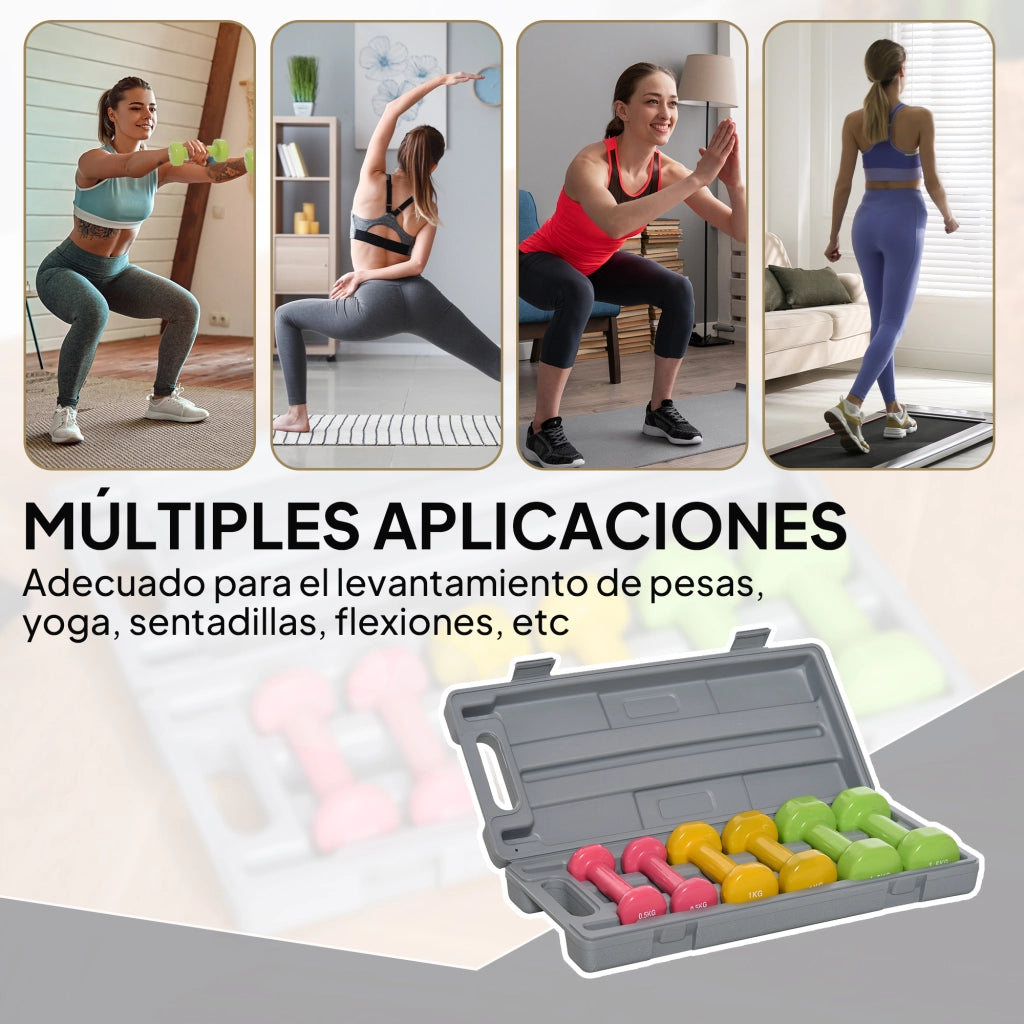 Set 6 Manubri Esagonali ¨C Xylo ¨C 0,5kg 1kg 1,5kg Neoprene con Valigetta Multicolore